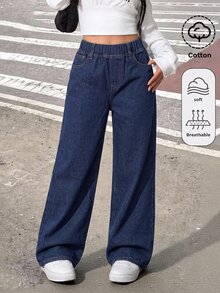 SHEIN Celana Panjang Denim Biru Tua Berkilau dengan Hiasan Huruf Rhinestone untuk Anak Perempuan, Model Longgar dan Lebar, Cocok untuk Musim Gugur/Musim Dingin 2026, Gaya Y2K yang Lucu dan Serbaguna, Cocok untuk Halloween dan Tahun Baru. - Biru - View 3