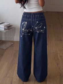 SHEIN Celana Panjang Denim Biru Tua Berkilau dengan Hiasan Huruf Rhinestone untuk Anak Perempuan, Model Longgar dan Lebar, Cocok untuk Musim Gugur/Musim Dingin 2026, Gaya Y2K yang Lucu dan Serbaguna, Cocok untuk Halloween dan Tahun Baru. - Biru - View 2