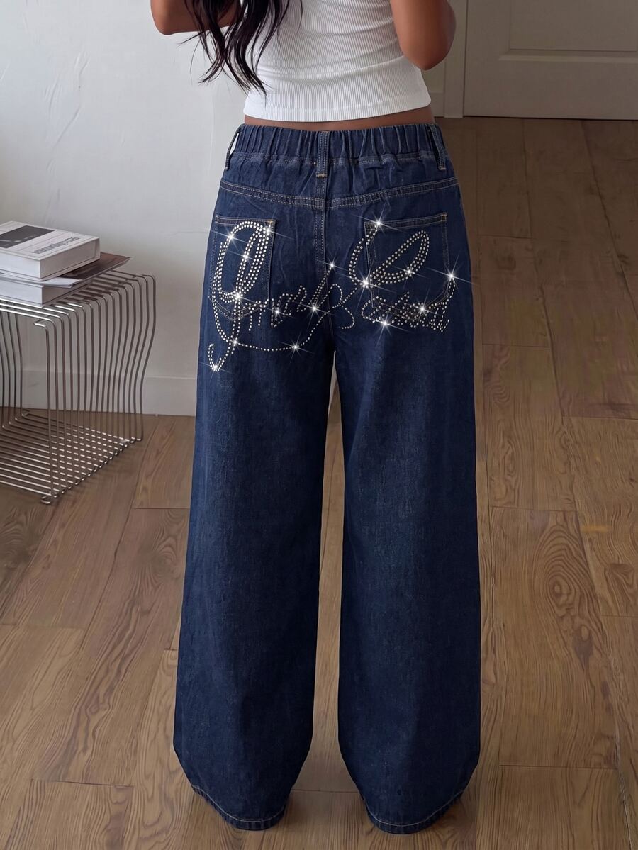 SHEIN Girls' Shiny Letter Rhinestone Deep Blue Denim Loose Wide Leg Pants Fall Winter 2026 Cute Y2k Versatile Halloween New Year Tween Girl - Blue - View 1