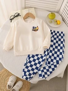 SHEIN Tween女孩香蕉圖案圓領衛衣與格紋寬腿褲2件套，休閒長袖童裝，柔軟日常穿著，適合小男孩 - 藍色 - 查看 3