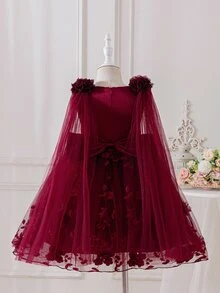 SHEIN Glamorique Kids 優雅香檳色花童禮服，無袖3D花卉刺繡公主裙，附長款網紗披肩，適合婚禮、生日派對 - 酒紅色 - 查看 6