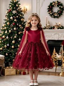 SHEIN Glamorique Kids 優雅香檳色花童禮服，無袖3D花卉刺繡公主裙，附長款網紗披肩，適合婚禮、生日派對 - 酒紅色 - 查看 4