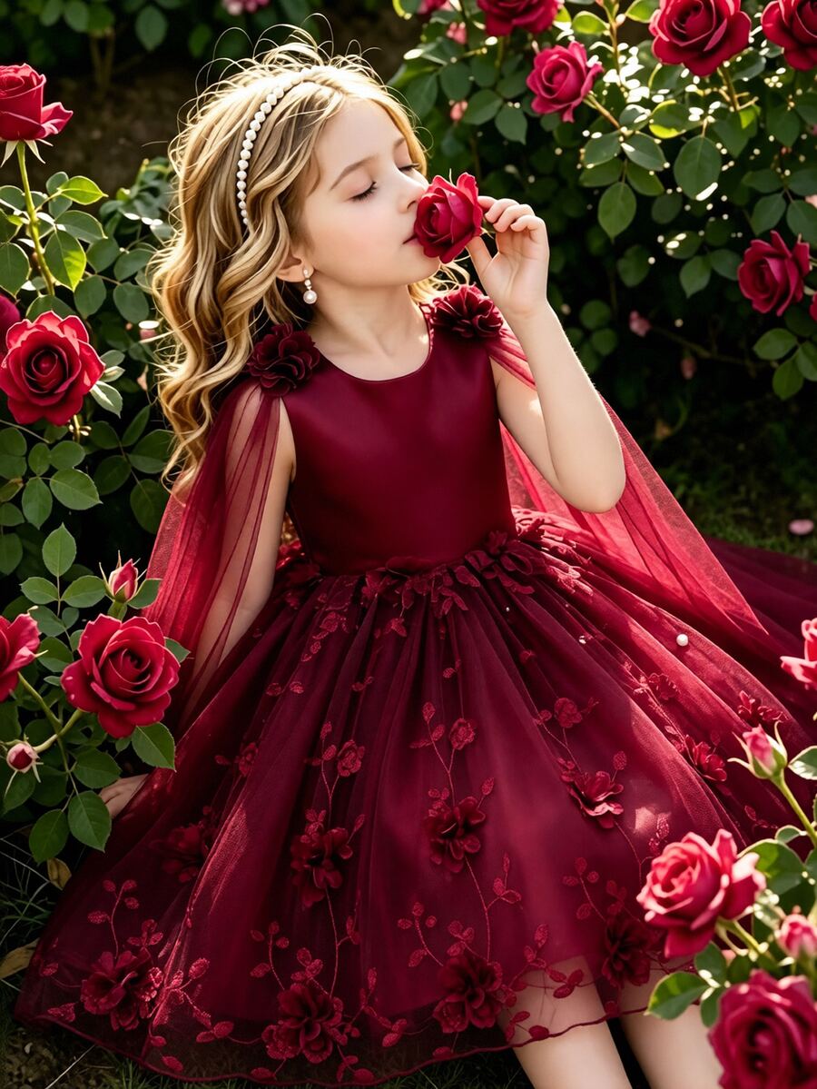SHEIN Glamorique Kids 優雅香檳色花童禮服,無袖3D花卉刺繡公主裙,附長款網紗披肩,適合婚禮、生日派對 - 酒紅色 - 查看 1
