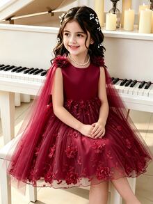 SHEIN Glamorique Kids 優雅香檳色花童禮服，無袖3D花卉刺繡公主裙，附長款網紗披肩，適合婚禮、生日派對 - 酒紅色 - 查看 2