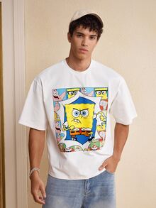 SpongeBob SquarePants | SHEIN Men's Cartoon Print Casual Versatile Daily Short Sleeve T-Shirt - White - View 3