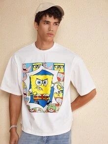 SpongeBob SquarePants | SHEIN Men's Cartoon Print Casual Versatile Daily Short Sleeve T-Shirt - White - View 1