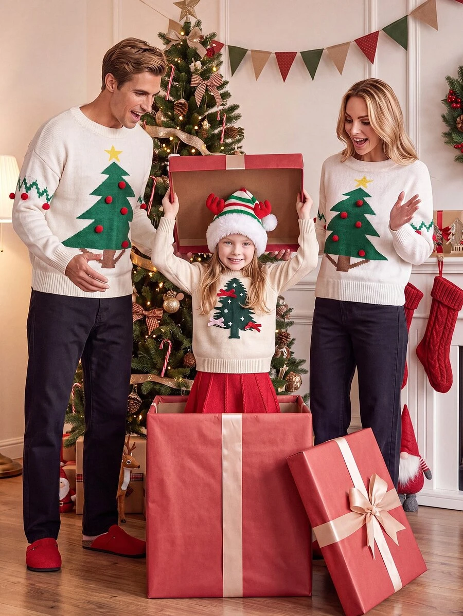 Manfinity Homme كنزة عيد الميلاد برقبة دائرية بنمط شجرة عيد الميلاد، للأزواج، ملابس عائلية. كنزة رجالية بنمط شجرة عيد الميلاد برقبة دائرية وأكمام طويلة باستثناء الرضع والأطفال - أبيض - مشاهدة 1
