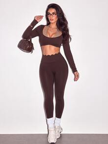 Eassivo 1pc Women's Dark & Light Brown Colorblock Cutout Long Leg Two-Piece Yoga Sports Set - Multicolor - View 5