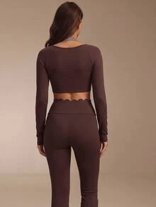 Eassivo 1pc Women's Dark & Light Brown Colorblock Cutout Long Leg Two-Piece Yoga Sports Set - Multicolor - View 2