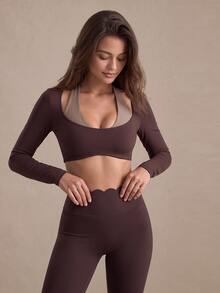 Eassivo 1pc Women's Dark & Light Brown Colorblock Cutout Long Leg Two-Piece Yoga Sports Set - Multicolor - View 3