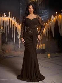 Glamrae Plus Size Elegant Glamorous Pink Long Sleeve Beaded Embroidered Sheer Luxury Beaded Embroidered Lace Patchwork Elastic Knit Mesh Ruched Twisted Rope Design Mermaid Skirt Suitable For Wedding Events, Bachelorette Parties, Vacations, Proms, Holiday Gatherings, Graduation Season, Evening Gowns (Heavy Workmanship) - Pink - View 5