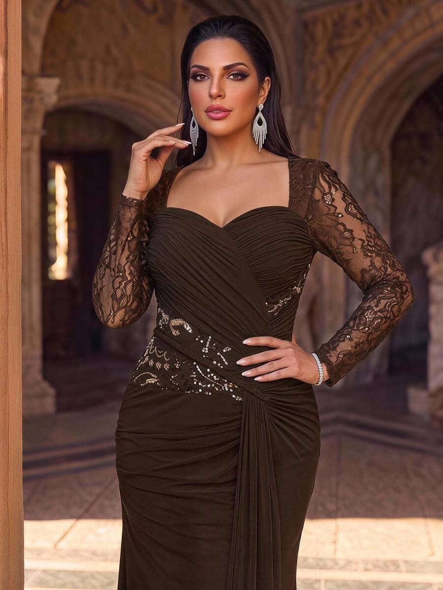 Glamrae Plus Size Elegant Glamorous Pink Long Sleeve Beaded Embroidered Sheer Luxury Beaded Embroidered Lace Patchwork Elastic Knit Mesh Ruched Twisted Rope Design Mermaid Skirt Suitable For Wedding Events, Bachelorette Parties, Vacations, Proms, Holiday Gatherings, Graduation Season, Evening Gowns (Heavy Workmanship) - Pink - View 1