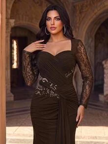 Glamrae Plus Size Elegant Glamorous Pink Long Sleeve Beaded Embroidered Sheer Luxury Beaded Embroidered Lace Patchwork Elastic Knit Mesh Ruched Twisted Rope Design Mermaid Skirt Suitable For Wedding Events, Bachelorette Parties, Vacations, Proms, Holiday Gatherings, Graduation Season, Evening Gowns (Heavy Workmanship) - Pink - View 6