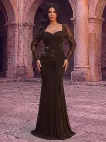 Glamrae Plus Size Elegant Glamorous Pink Long Sleeve Beaded Embroidered Sheer Luxury Beaded Embroidered Lace Patchwork Elastic Knit Mesh Ruched Twisted Rope Design Mermaid Skirt Suitable For Wedding Events, Bachelorette Parties, Vacations, Proms, Holiday Gatherings, Graduation Season, Evening Gowns (Heavy Workmanship) - Pink - View 2