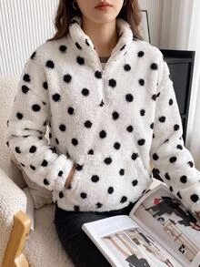 SHEIN Tween女孩秋冬加厚雙面抓絨波點印花黑白立領半拉鍊套頭衛衣，附貼袋，休閒簡約優雅，隨機1件 - 黑與白 - 查看 7
