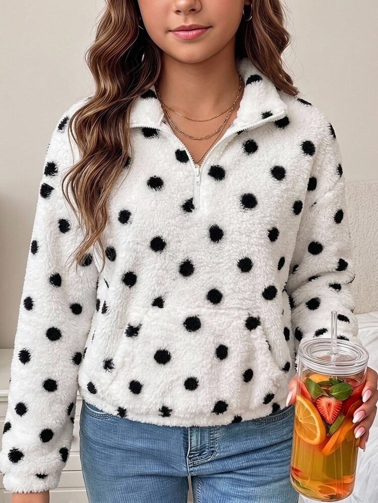 SHEIN Tween Girl Tween GirlsAutumn/Winter Thick Double-Sided Fleece Polka Dot Print Black & White Stand Collar Half-Zip Pullover Sweatshirt With Patch Pockets, Casual Simple Elegant, Random 1pc - Black and White - View 6