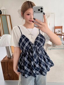SHEIN Unity 大尺碼女款純色圓領短袖上衣與格紋百褶細肩帶上衣休閒日常套裝 - 藍白色 - 查看 1