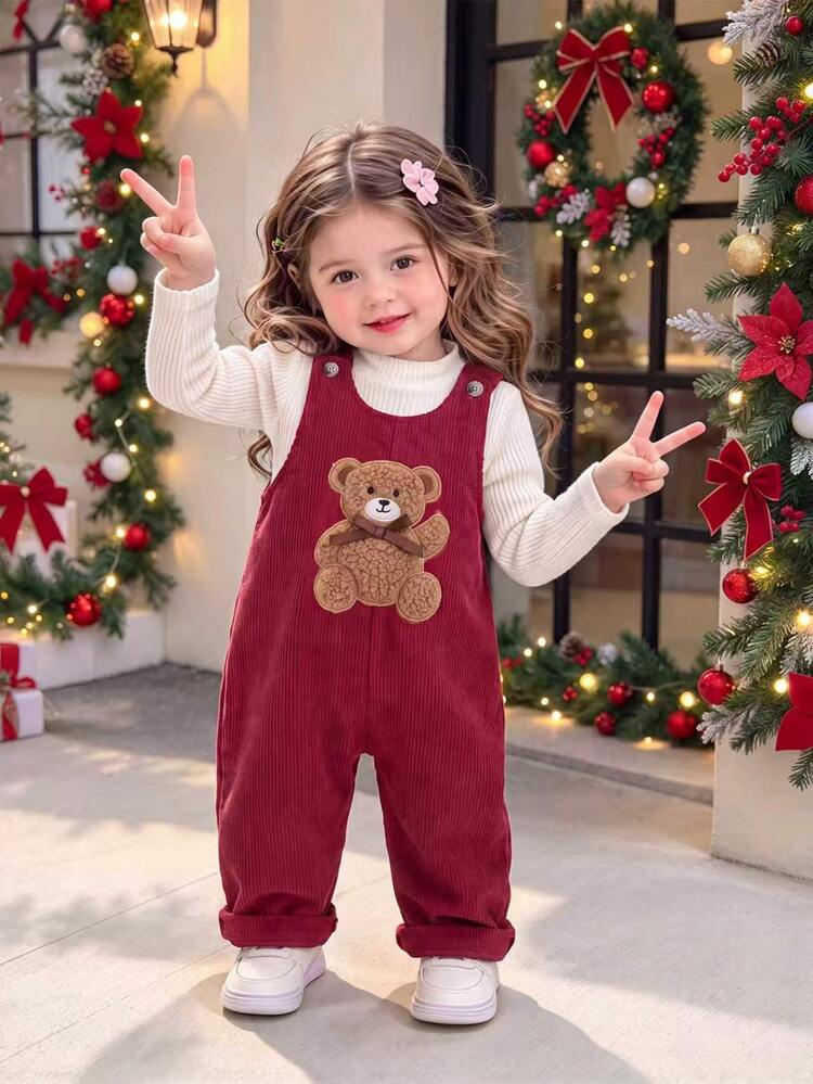 SHEIN 2Pcs Toddler Baby Girl Romper Overalls Set Cute Wine Red Teddy Bear Patch Corduroy Long Sleeve Round Neck Thick Holiday Fall Cozy Princess Outfits - Burgundy - View 1