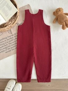 SHEIN 2件組幼兒女嬰連身褲套裝 可愛酒紅色泰迪熊貼布燈芯絨 長袖圓領加厚 假日秋季保暖公主風套裝 - 酒紅色 - 查看 2