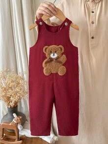 SHEIN 2件組幼兒女嬰連身褲套裝 可愛酒紅色泰迪熊貼布燈芯絨 長袖圓領加厚 假日秋季保暖公主風套裝 - 酒紅色 - 查看 3