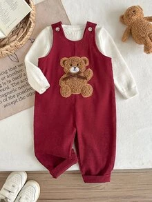 SHEIN 2件組幼兒女嬰連身褲套裝 可愛酒紅色泰迪熊貼布燈芯絨 長袖圓領加厚 假日秋季保暖公主風套裝 - 酒紅色 - 查看 4