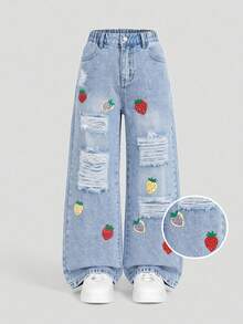 SHEIN Genkimix Kids Girls' Denim Jeans All-Season New Y2K Style Vintage Light Blue Elastic Waistband + Strawberry Print Design Distressed Frayed Hem Combined With Snow - Light Wash - View 1