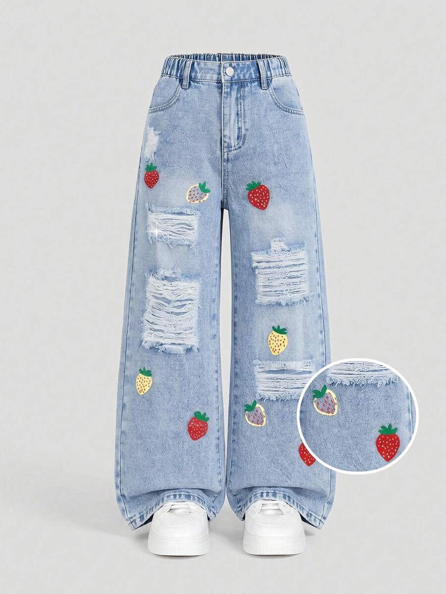 SHEIN Genkimix Kids Girls' Denim Jeans All-Season New Y2K Style Vintage Light Blue Elastic Waistband + Strawberry Print Design Distressed Frayed Hem Combined With Snow - Light Wash - View 1