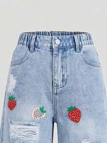 SHEIN Genkimix Kids Girls' Denim Jeans All-Season New Y2K Style Vintage Light Blue Elastic Waistband + Strawberry Print Design Distressed Frayed Hem Combined With Snow - Light Wash - View 3