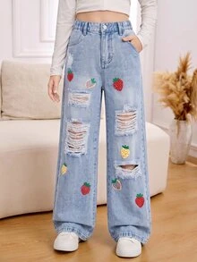 SHEIN Genkimix Kids Girls' Denim Jeans All-Season New Y2K Style Vintage Light Blue Elastic Waistband + Strawberry Print Design Distressed Frayed Hem Combined With Snow - Light Wash - View 6