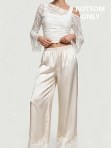 SHEIN MOD Women's Solid Color Contrast Lace Leg Elastic Waist Basic Daily Long Pants - Multicolor - View 7
