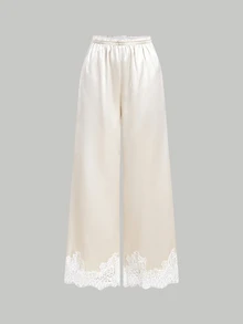 SHEIN MOD Women's Solid Color Contrast Lace Leg Elastic Waist Basic Daily Long Pants - Multicolor - View 9
