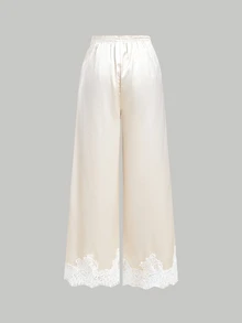 SHEIN MOD Women's Solid Color Contrast Lace Leg Elastic Waist Basic Daily Long Pants - Multicolor - View 8