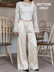 SHEIN MOD Women's Solid Color Contrast Lace Leg Elastic Waist Basic Daily Long Pants - Multicolor - View 6