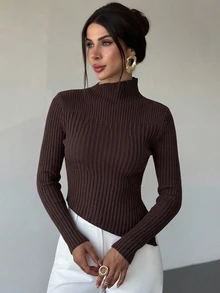 Firerie Ribbed Knit Slim Fit Long Sleeve Sweater Mock Neck Pullover Top For Autumn Everyday Burgundy Casual Minimalist - Brown - View 2