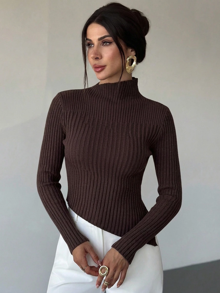 Firerie Ribbed Knit Slim Fit Long Sleeve Sweater Mock Neck Pullover Top For Autumn Everyday Burgundy Casual Minimalist
