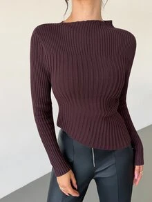 Firerie Ribbed Knit Slim Fit Long Sleeve Sweater Mock Neck Pullover Top For Autumn Everyday Burgundy Casual Minimalist - Brown - View 4