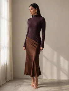 Firerie Ribbed Knit Slim Fit Long Sleeve Sweater Mock Neck Pullover Top For Autumn Everyday Burgundy Casual Minimalist - Brown - View 8