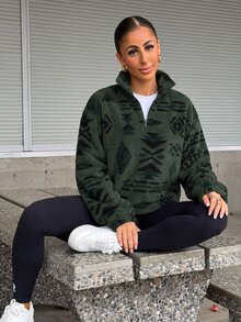 SAYEHFBABY 女士几何印花半拉链卫衣，长袖上衣，秋季女装，保暖内衬 - 綠色 - 查看 6