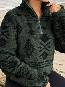 SAYEHFBABY 女士几何印花半拉链卫衣，长袖上衣，秋季女装，保暖内衬 - 綠色 - 查看 3