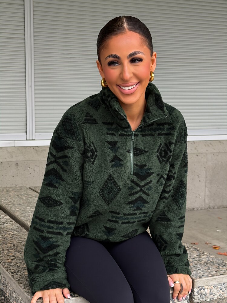 SAYEHFBABY Women's Geometric Print Half Zip Sweatshirt,Long Sleeve Tops,Fall Women Clothes,Thermal Lined - Green - View 1