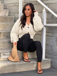SAYEHFBABY Drop Shoulder Button Front Cardigan,Long Sleeve Tops Fall Winter Cloth For Women - Apricot - View 5