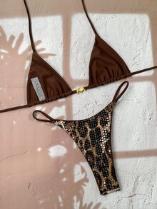 Costavie 2026新款女士时尚撞色豹纹性感金属贝壳装饰露背挂脖比基尼套装，适合海滩度假、夜间海滩派对 - 彩色 - 查看 2