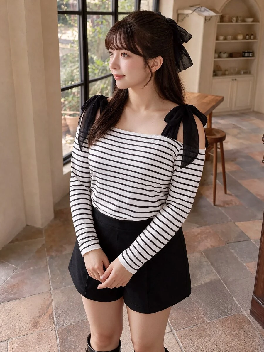 Bijouette Autumn Casual Elegant Elastic Plus Size Black And White Square Neck Knit Top Mesh Bow Cold Shoulder Slim Fit Long Sleeve Base Layer Fall Birthday - Black and White - View 1