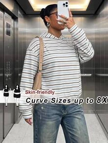 SHEIN CURVE+ Plus Size Women's Hooded Sweatshirt Striped Urban Renaissance Street Style Pullover Casual Fashion Creative Personalized Streetwear Fall - Multicolor - View 1