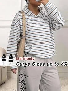SHEIN CURVE+ Plus Size Women's Hooded Sweatshirt Striped Urban Renaissance Street Style Pullover Casual Fashion Creative Personalized Streetwear Fall - Multicolor - View 5