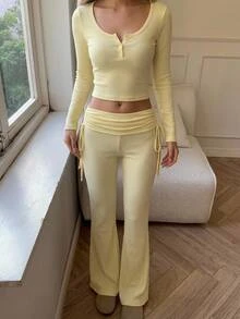 CovetEZ Casual Sexy Women's Solid Color V-Neck Long Sleeve T-Shirt And ...