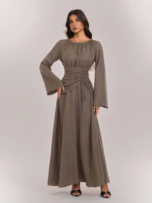 SHEIN Tall Women's Solid Color Pleated Casual Party Long Dress - Coffee - View 7