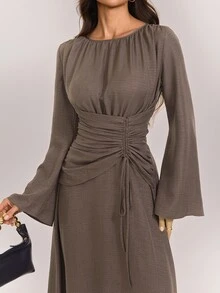 SHEIN Tall Women's Solid Color Pleated Casual Party Long Dress - Coffee - View 8
