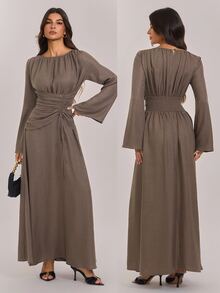 SHEIN Tall Women's Solid Color Pleated Casual Party Long Dress - Coffee - View 10