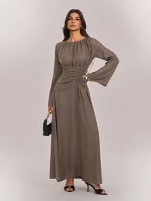 SHEIN Tall Women's Solid Color Pleated Casual Party Long Dress - Coffee - View 6